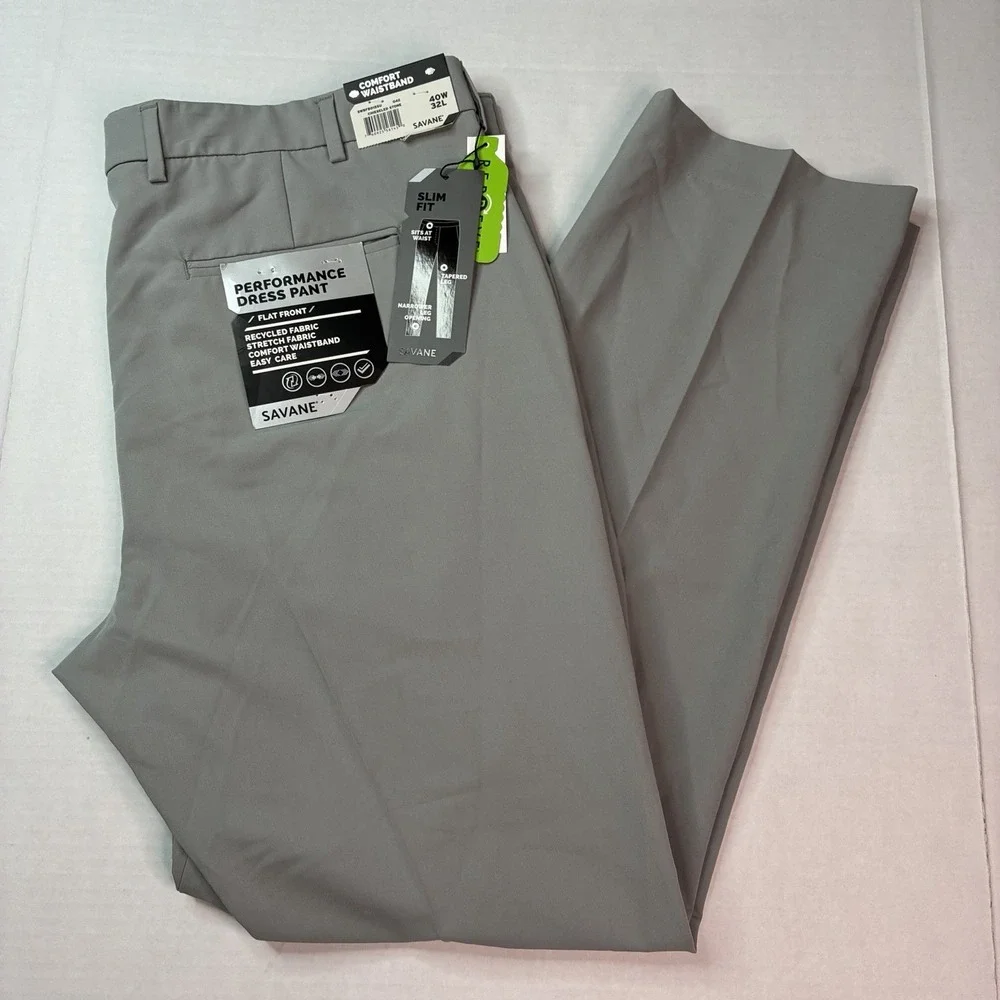 New Savane Performance Dress Pants Flat Front Men's Size 40x32 Gray Stone NWT